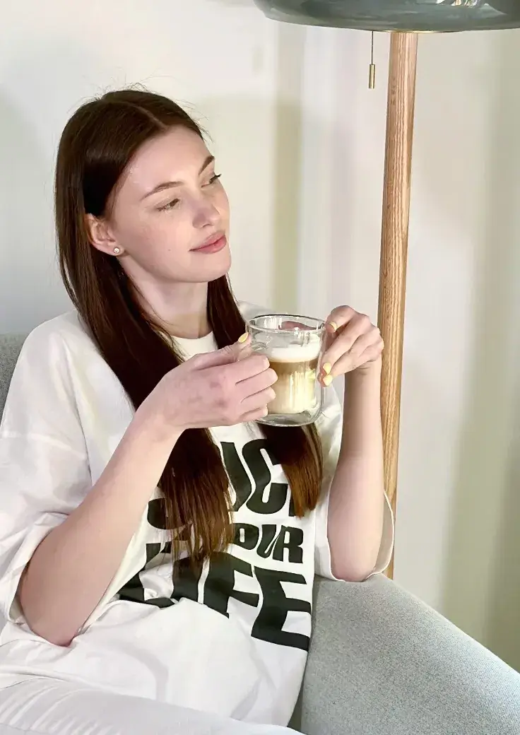FixHome+ stress free client drinks her coffee