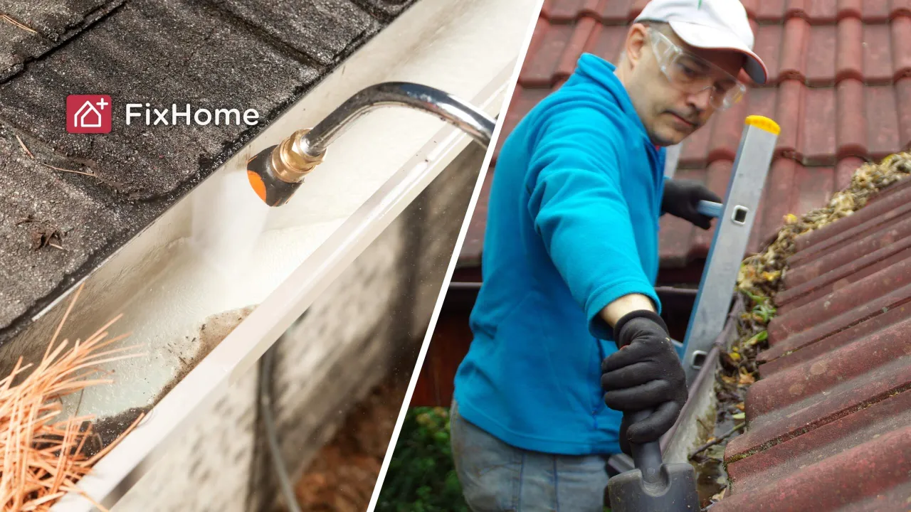 Gutter cleaning wand and man from ladder cleaning it by hands