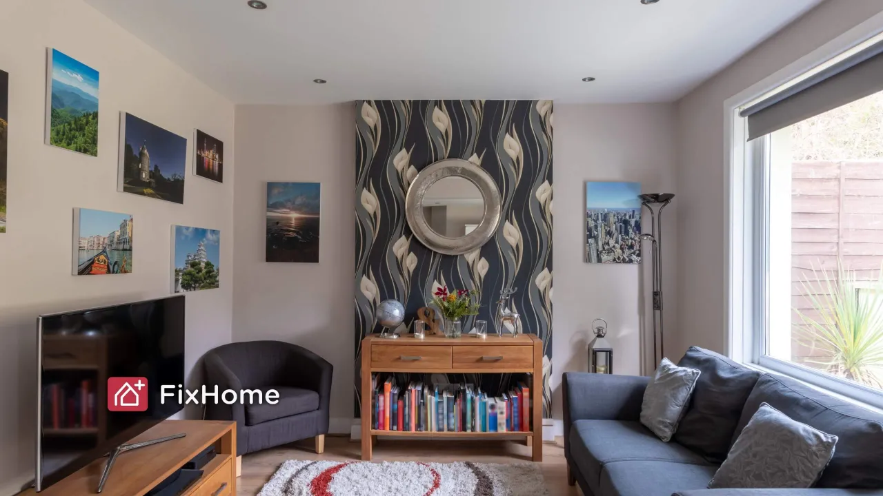 Living room with pictures, mirror and other decor on the wall