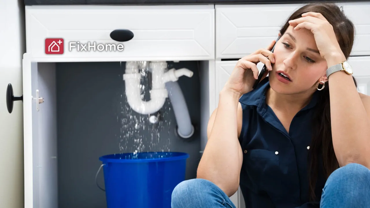 A woman calling the handyman when under sinking pipe leaks