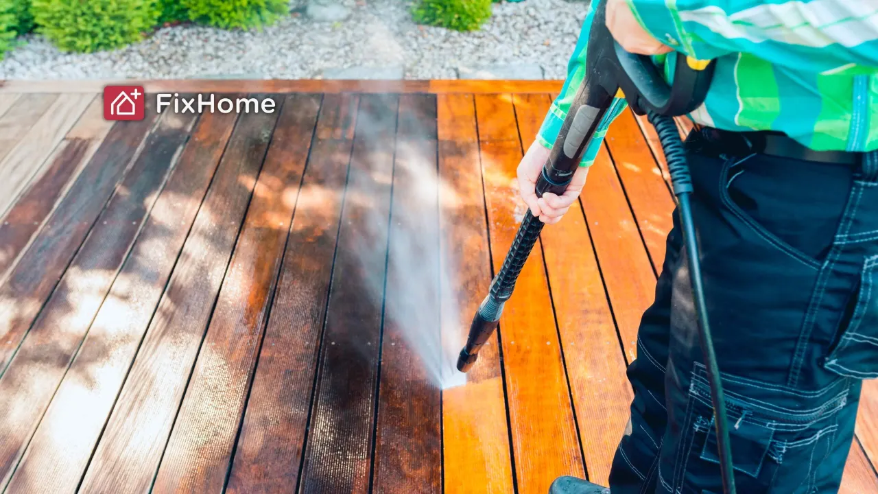 Before-and-after view of a pressure-washed wooden deck