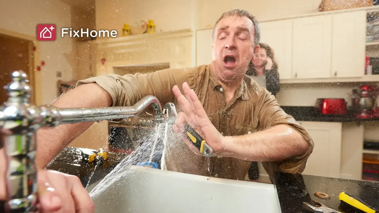 Person fixing a faucet with water spraying out, holding a wrench, in a kitchen