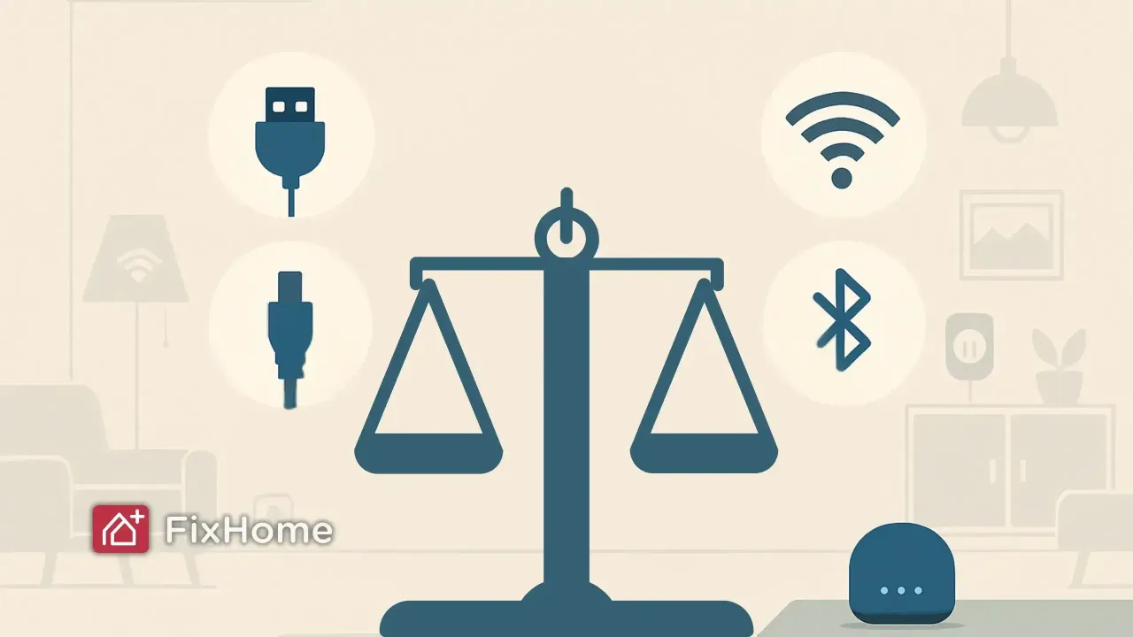 Stylized balance scale surrounded by icons for USB, HDMI, Wi-Fi, and Bluetooth representing smart home connectivity