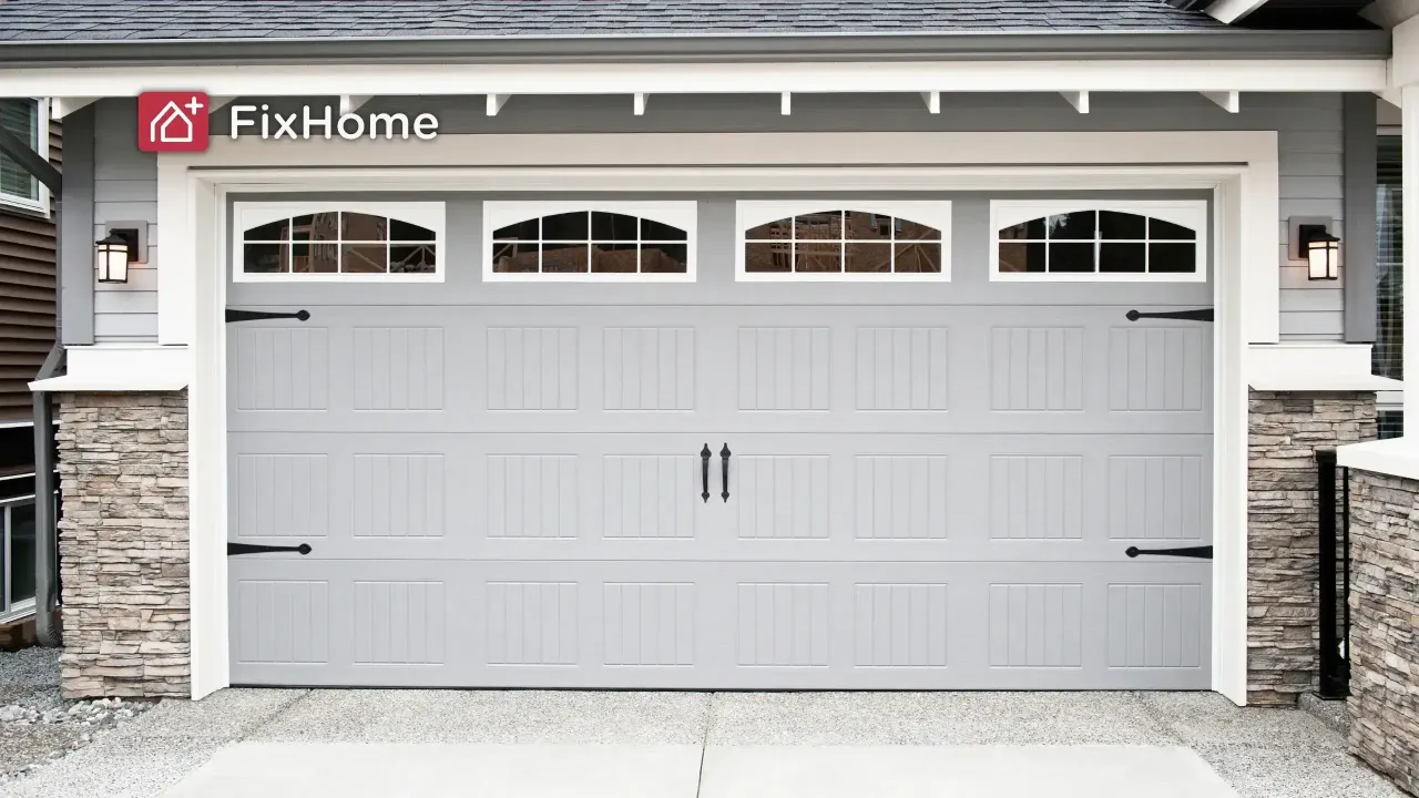 A grey garage door with decorative windows and black handles, next to stone walls. 
