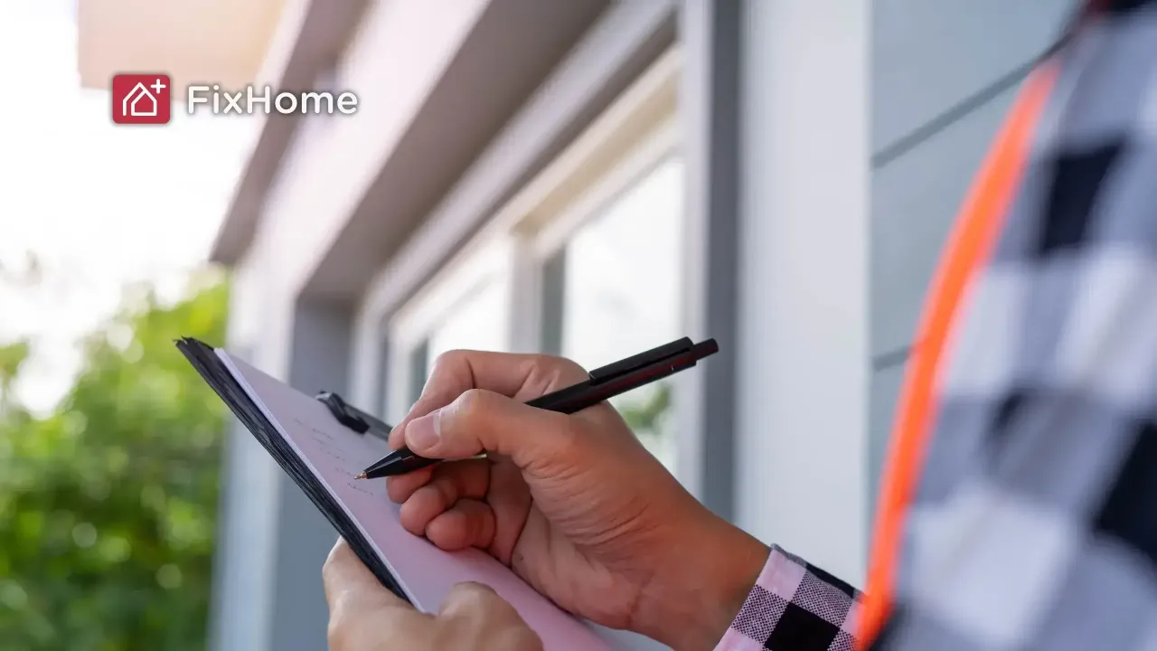 A home inspector writing on a clipboard with a pen outside a house, greenery in background. 