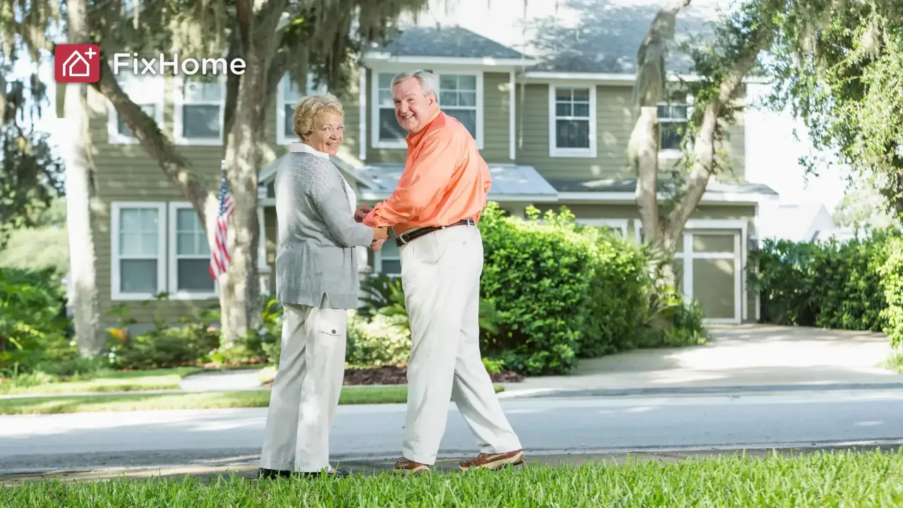 A senior couple happily holding hands in front of their home
