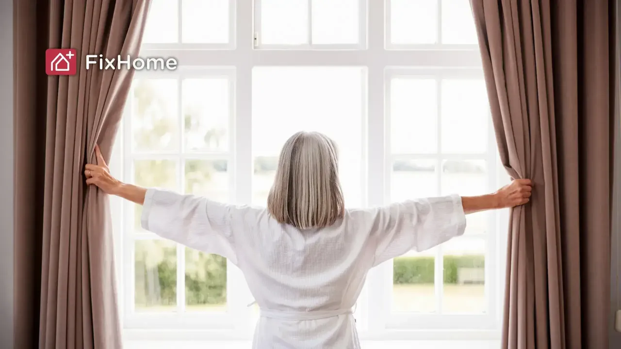 An old woman with silver hair opens the curtains in a bright room