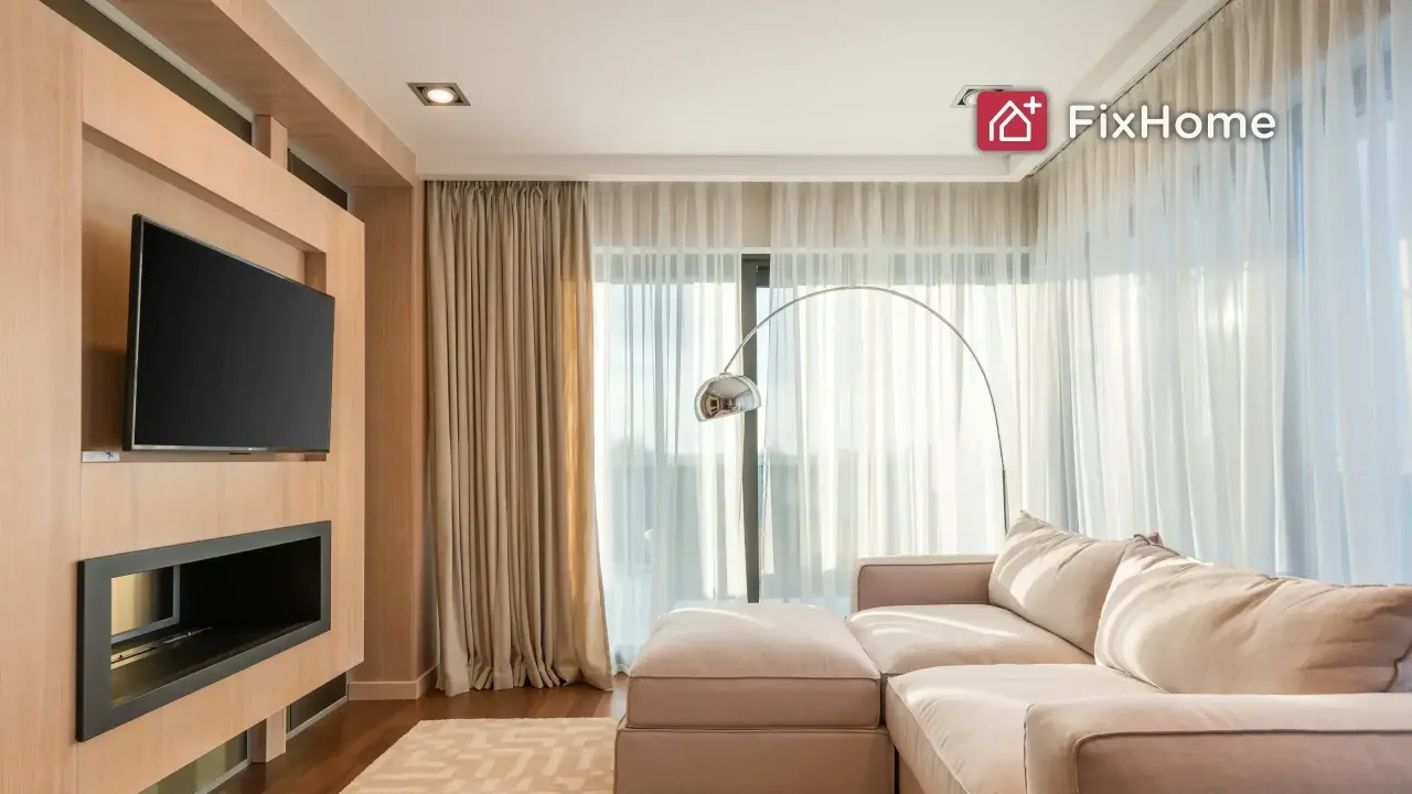 Modern living room with wall-mounted TV in a wooden media unit