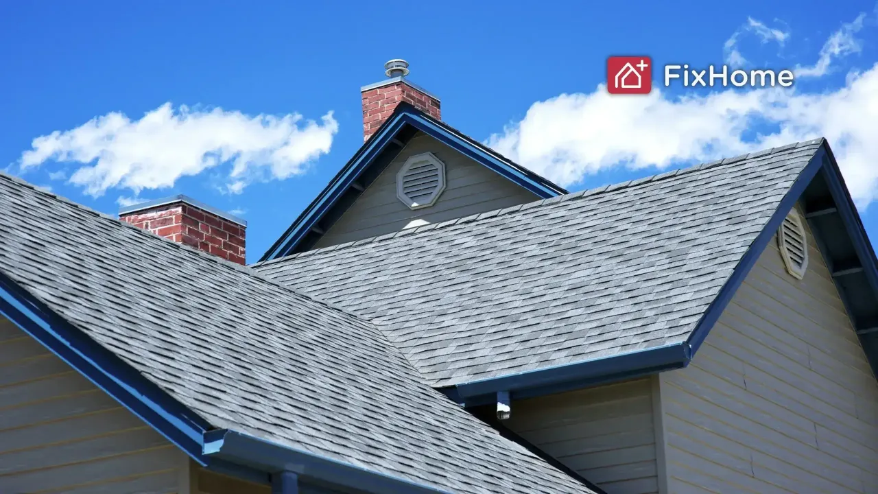 A view of a house roof with shingles and a brick chimney against a blue sky.