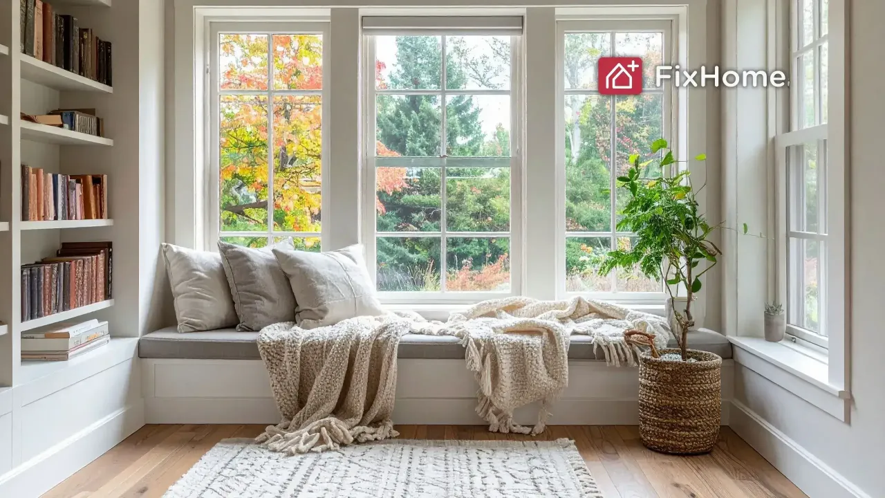 A cozy room with a large window with fall landscape behind, seat and bookshelves FHP