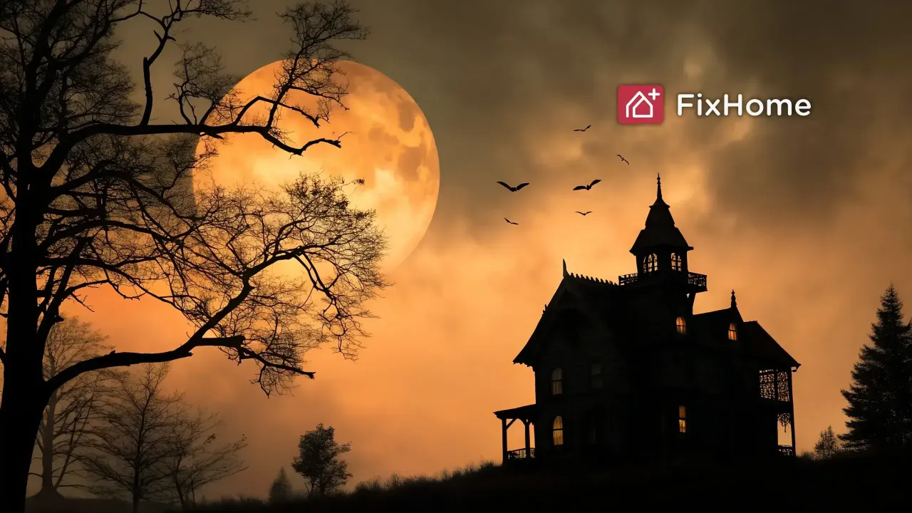 Spooky Silhouette of a Victorian House Under a Large Orange Moon