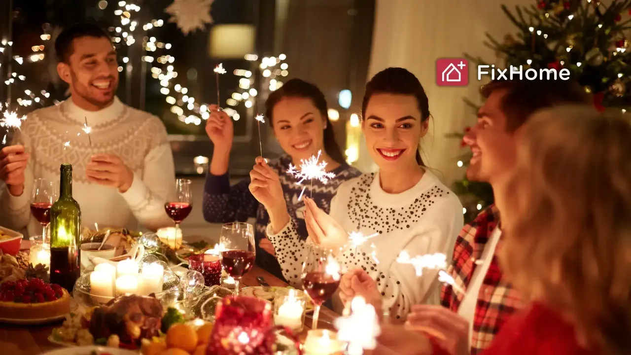 Happy Friends Celebrating Christmas at Home Feast