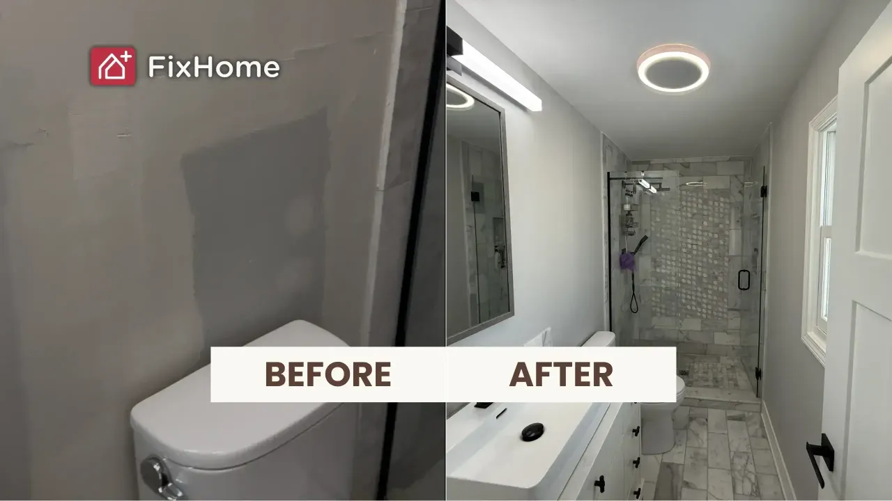 Bathroom painting in Deerfield, IL, before and after showing a tile, sink, and light fixtures