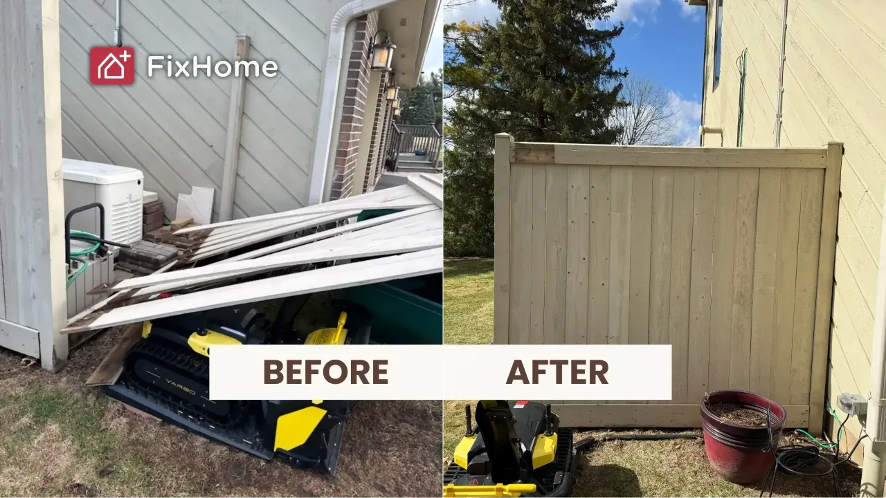 Before and after fence repair in Lake Zurich showing messy utility area on left and clean fence on right