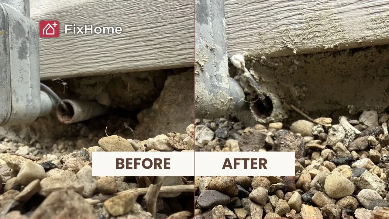 Before‑and‑after image of foundation gap sealing work, highlighting the repaired area beneath a Mundelein home exterior.