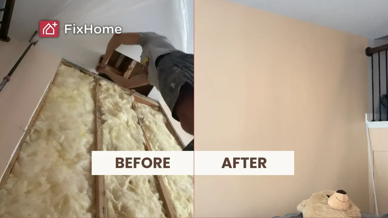 A drywall repair in Wheeling, IL, before and after. Left shows exposed insulation and frame, right shows a finished light brown wall
