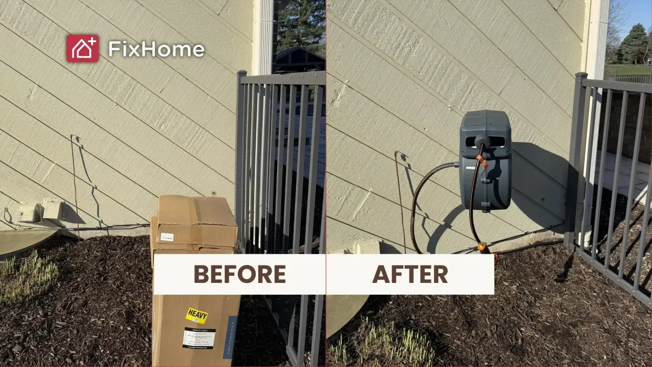 Professional Hose Reel Installation in Hawthorn Woods labeled "before" & "after." Comparison showing a cardboard box on the ground and a mounted hose reel