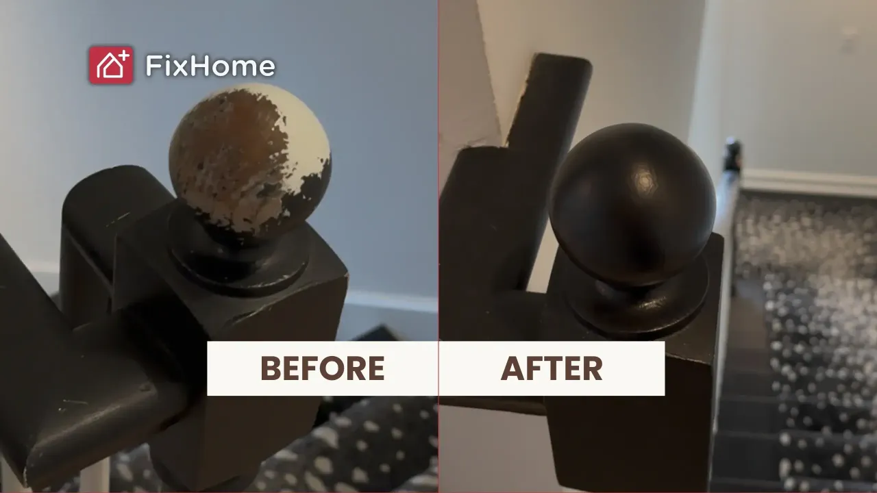 Before and after split-image of a restored staircase finial ball. The left side is chipped and worn, while the right side shows a smooth, restored finish.