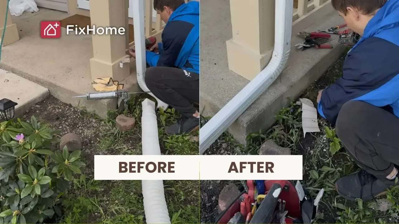 Downspout cleaning and rerouting in Mundelein, IL, before and after