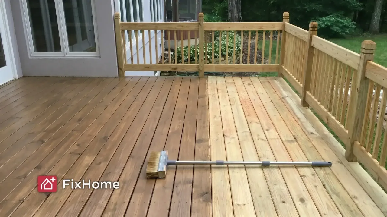 A suburban wood deck mid-staining — half the boards already stained to a warm brown, the other half still bare, with a long-handled brush resting across the work line