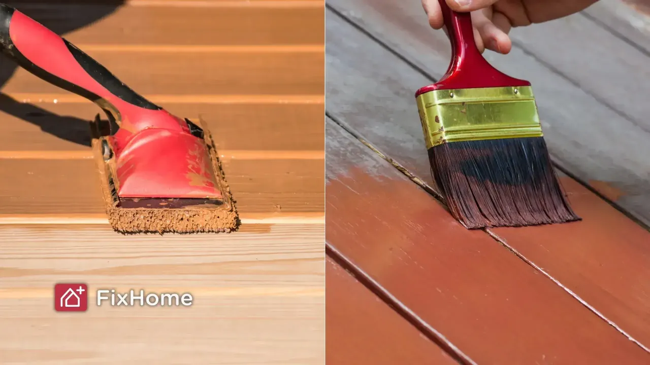 Split image showing a wooden deck being treated with stain versus paint with FixHomeplus logo