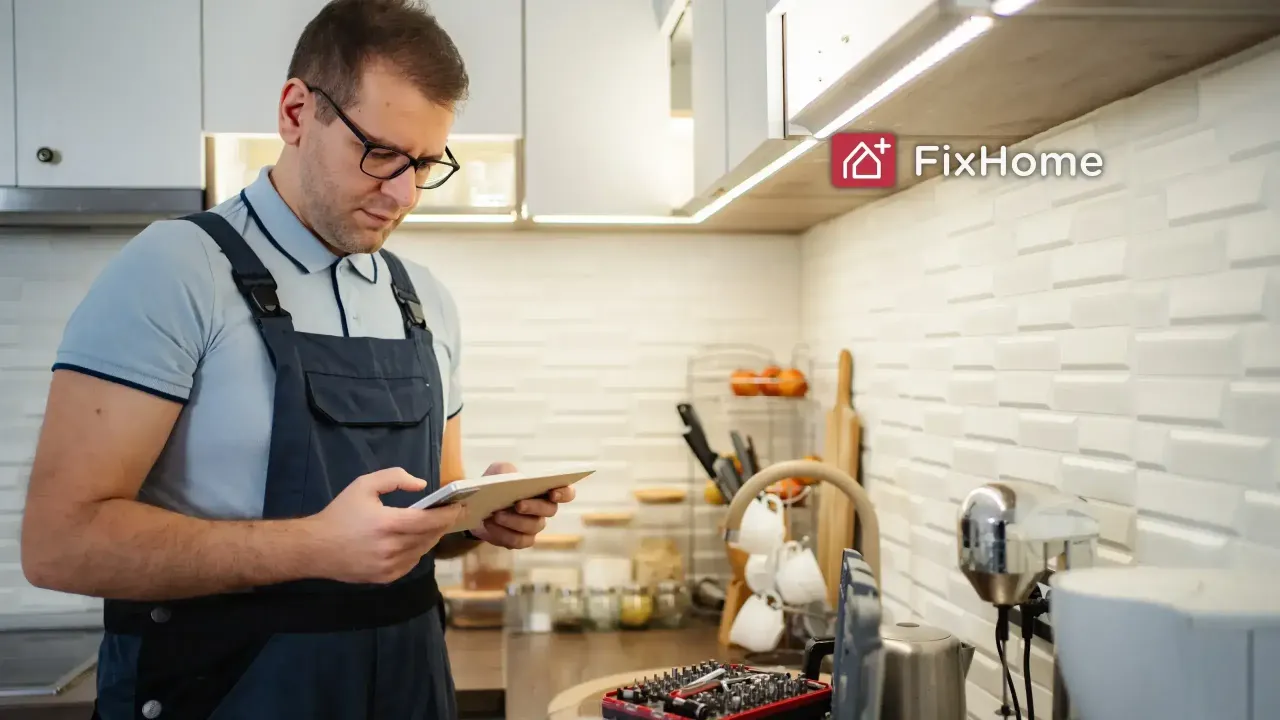 Handyman using a tablet to review a home repair service job in a kitchen