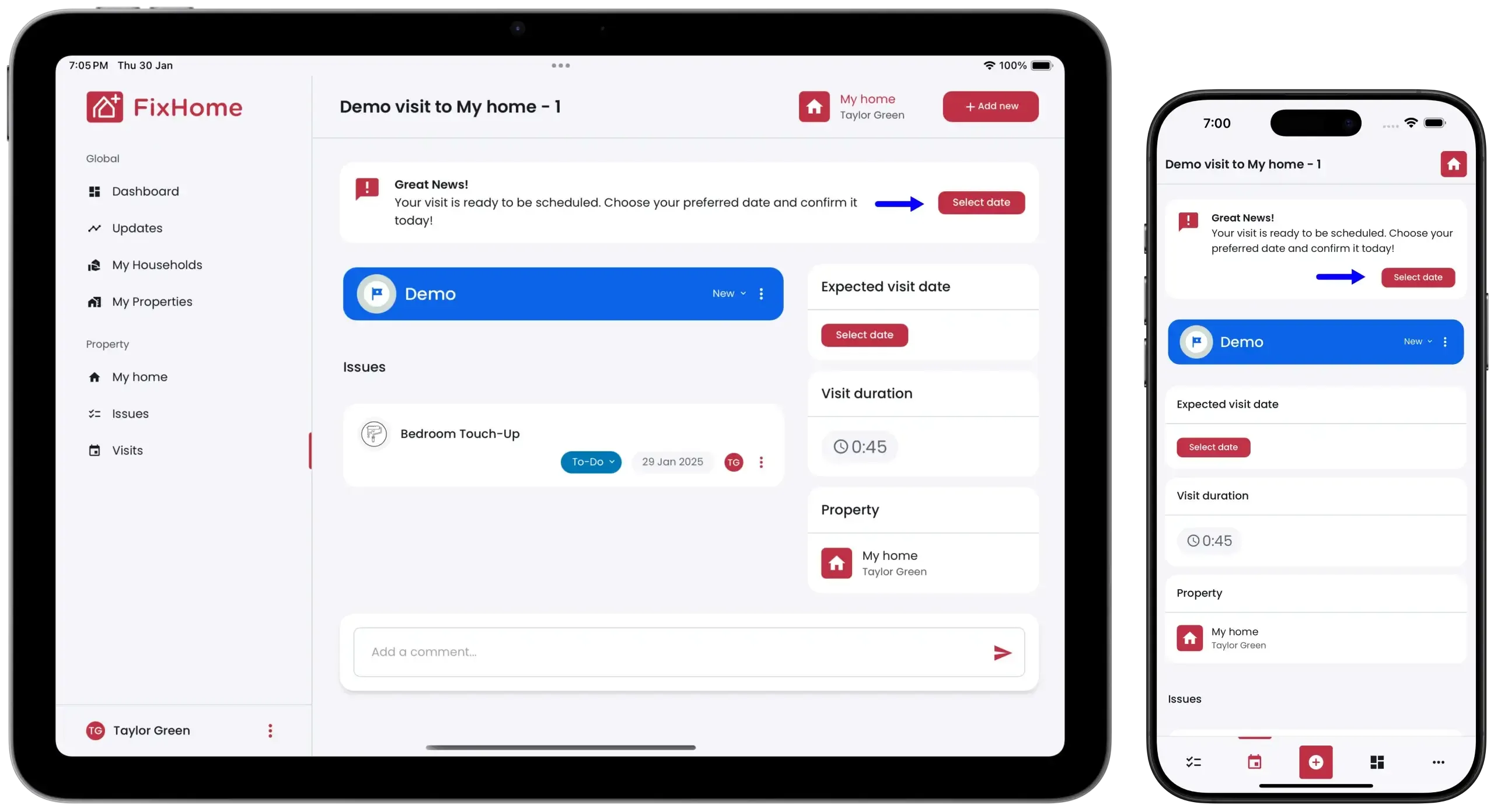 FixHomePlus Request Demo Guide Tab & Phone Select Date Button