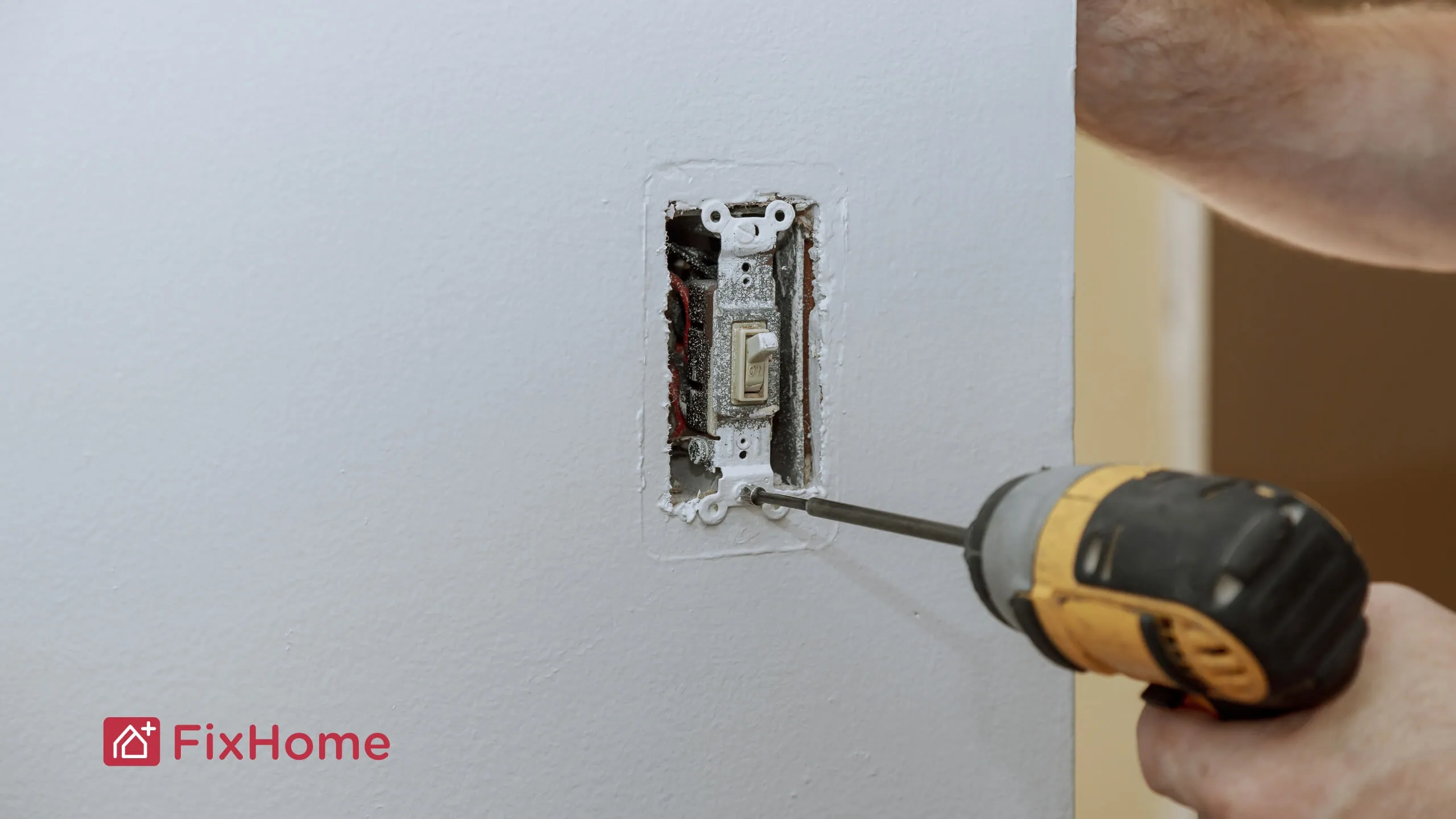 A handyman using a cordless drill to remove a light switch from a wall.