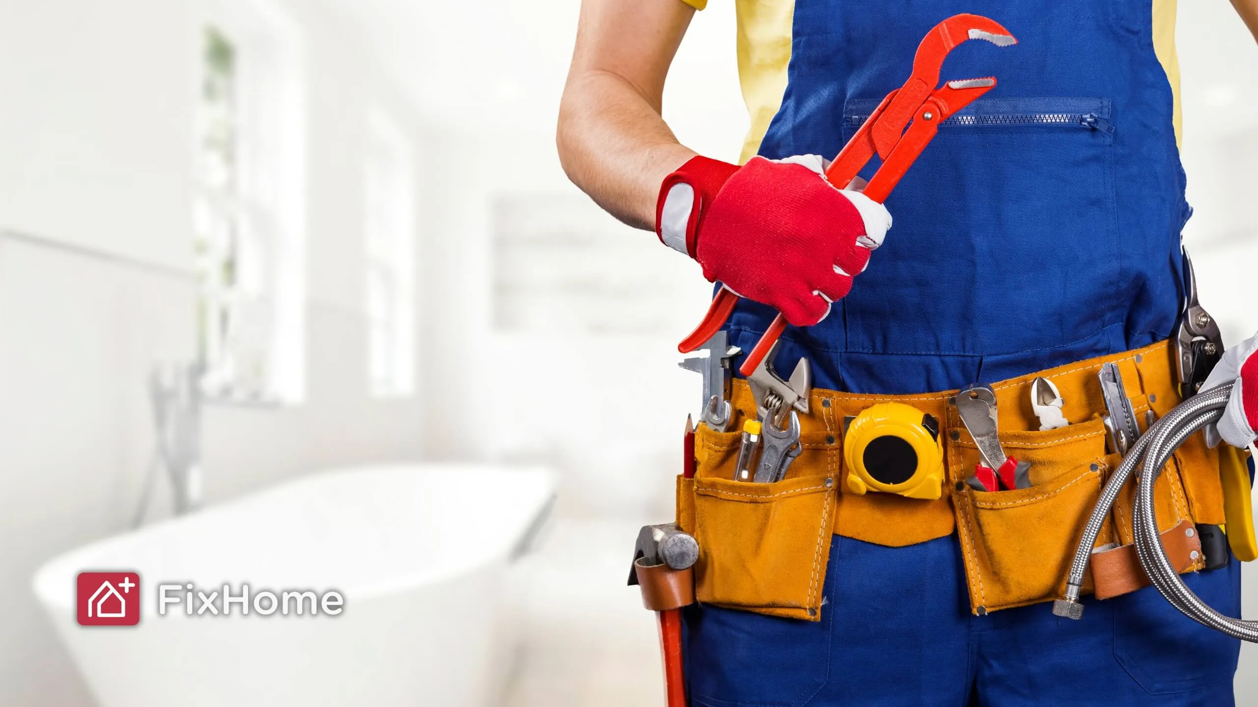 Plumber with tools in the bathroom
