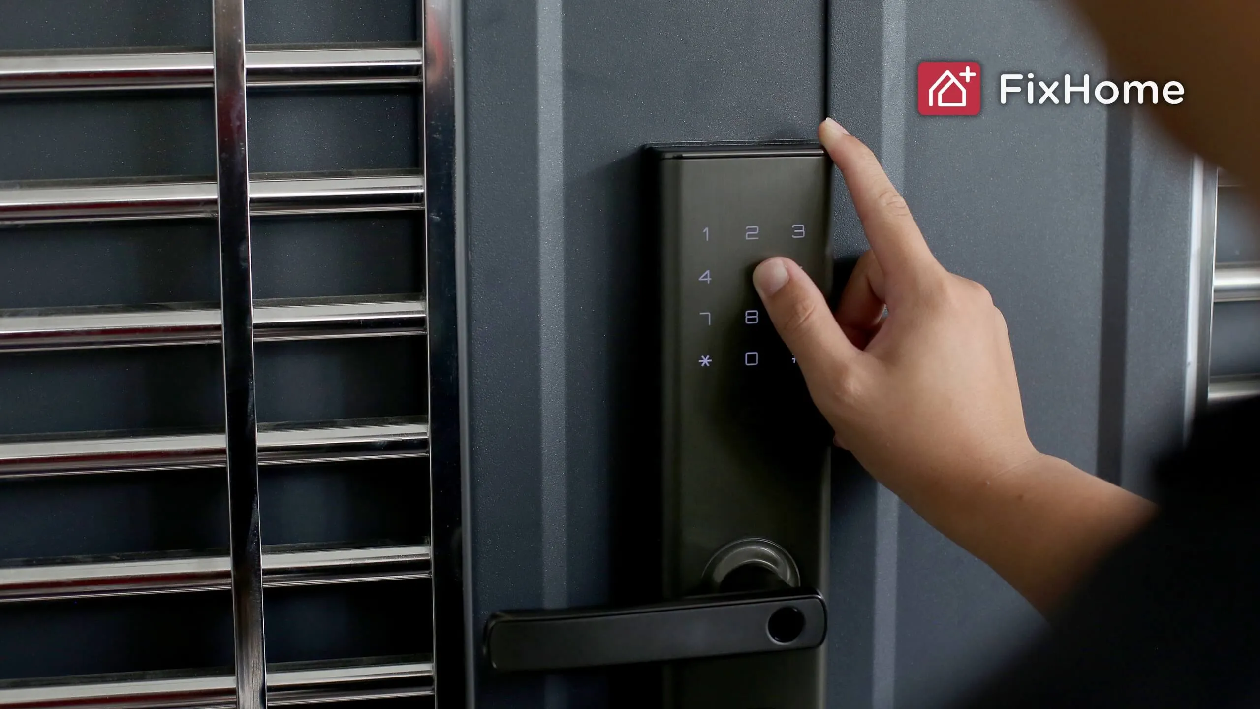 A hand entering a code on a digital keypad of a smart lock on a rental property door