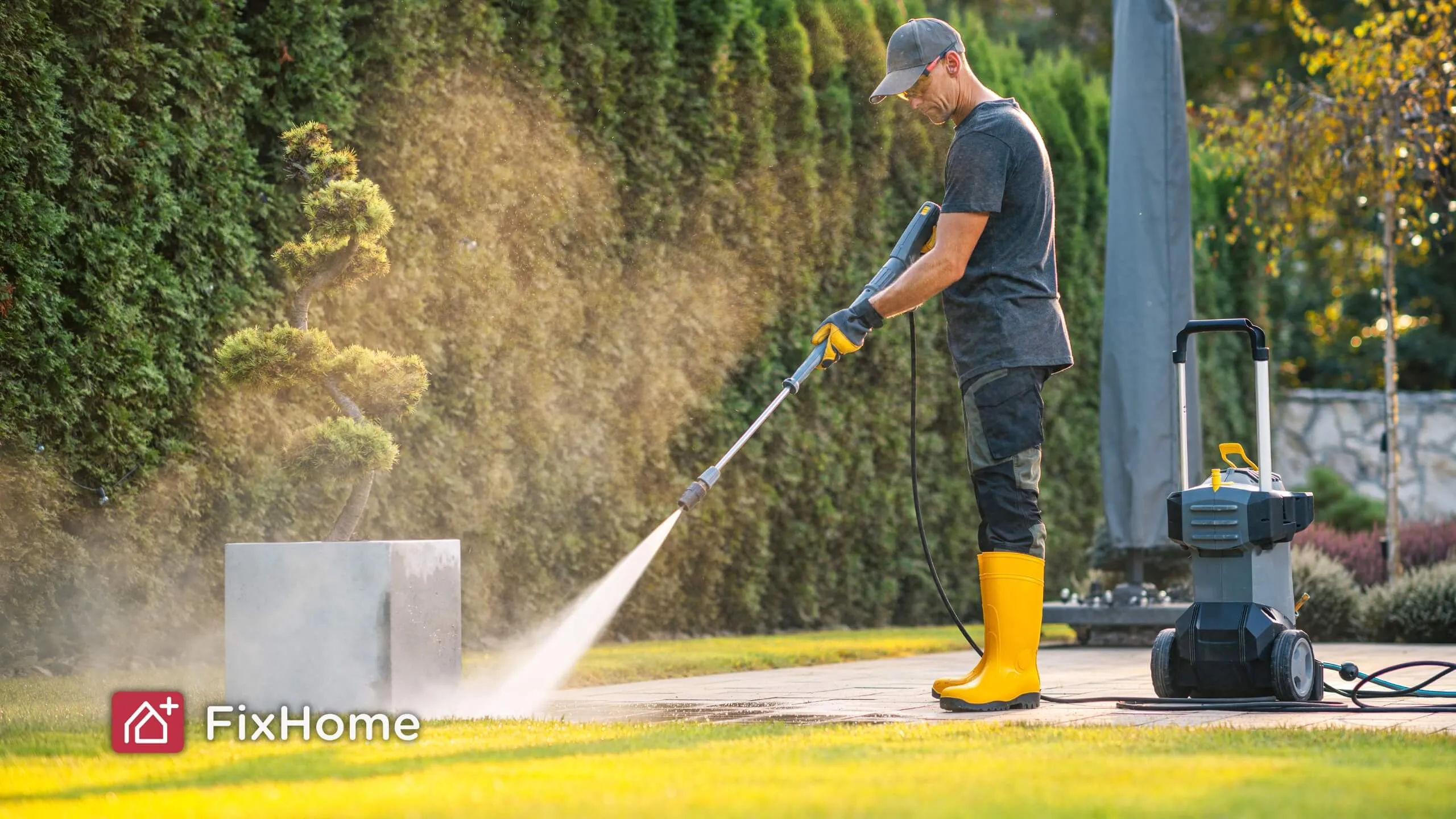 Person power washing a concrete driveway.