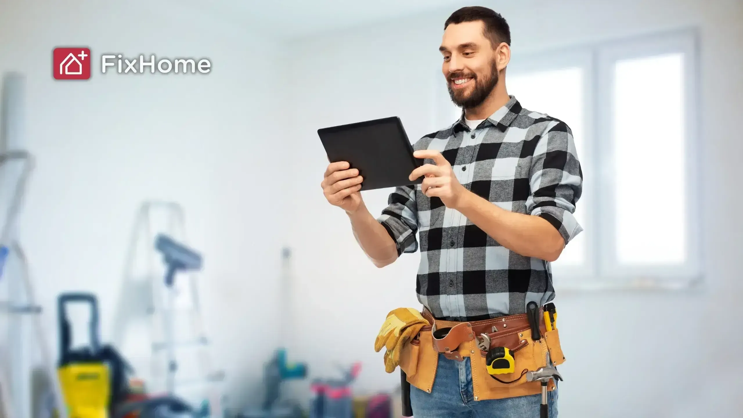 Handyman with a tablet while working