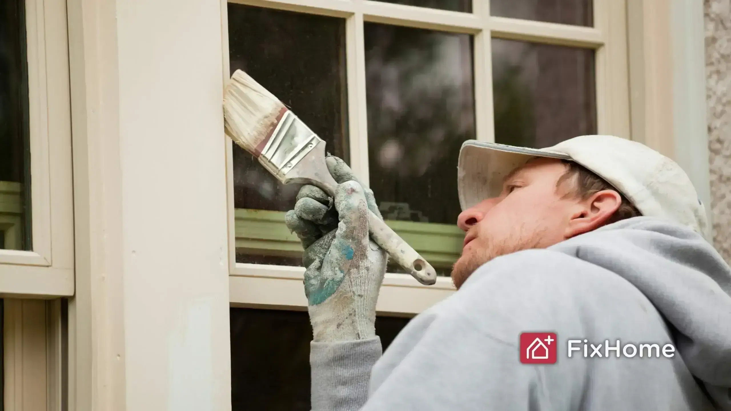 Painter in hoodie and cap painting a beige window frame