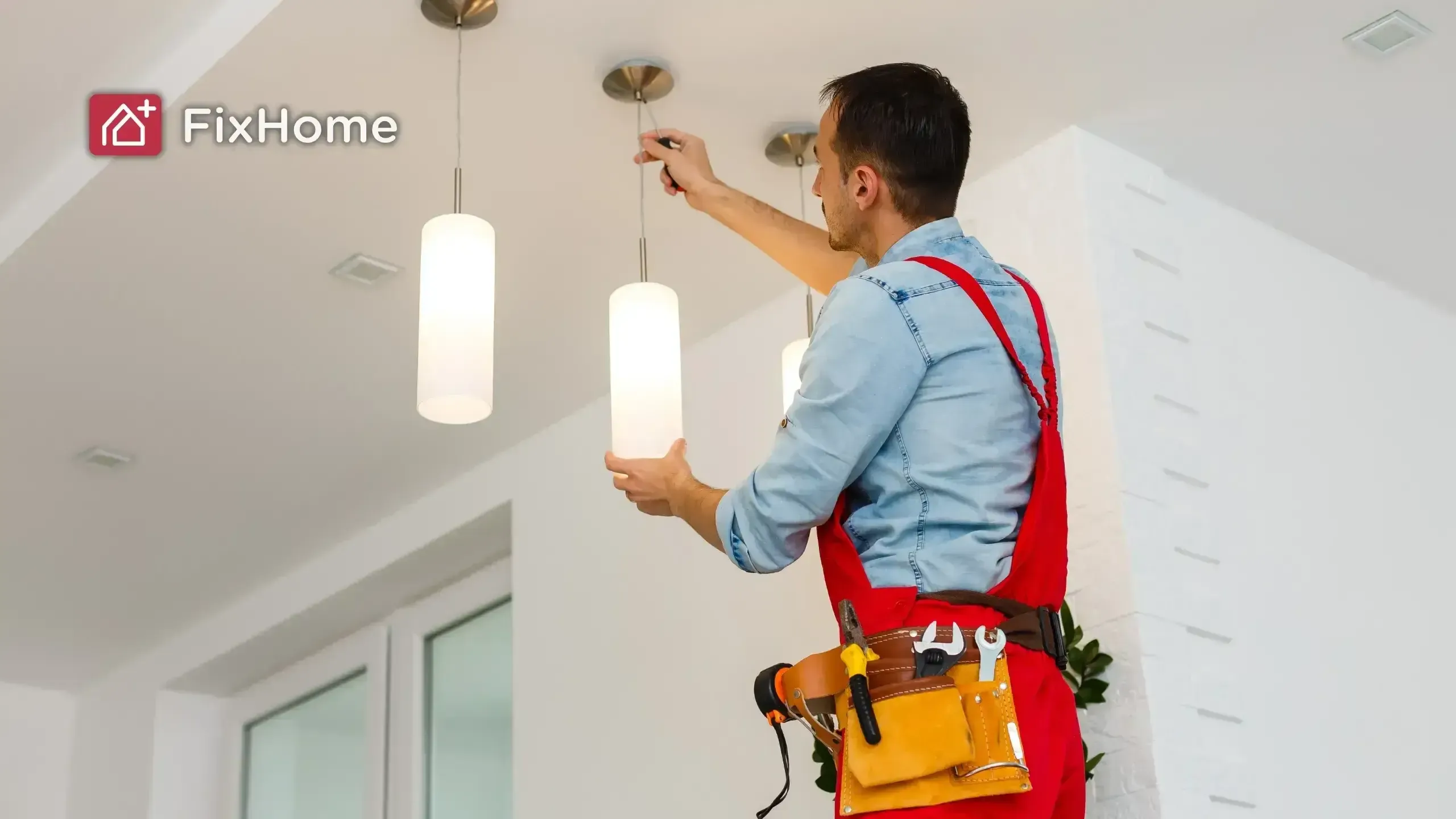 A person working on a ceiling light in a home.