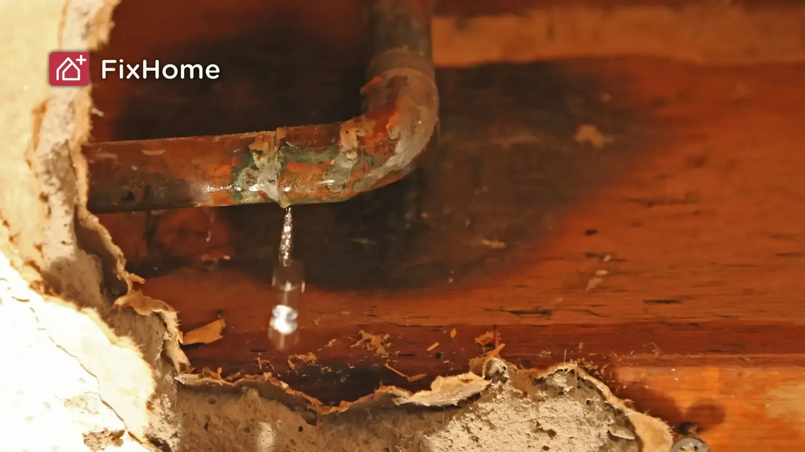 Rusty pipe leaking water through a hole in drywall, needing repair