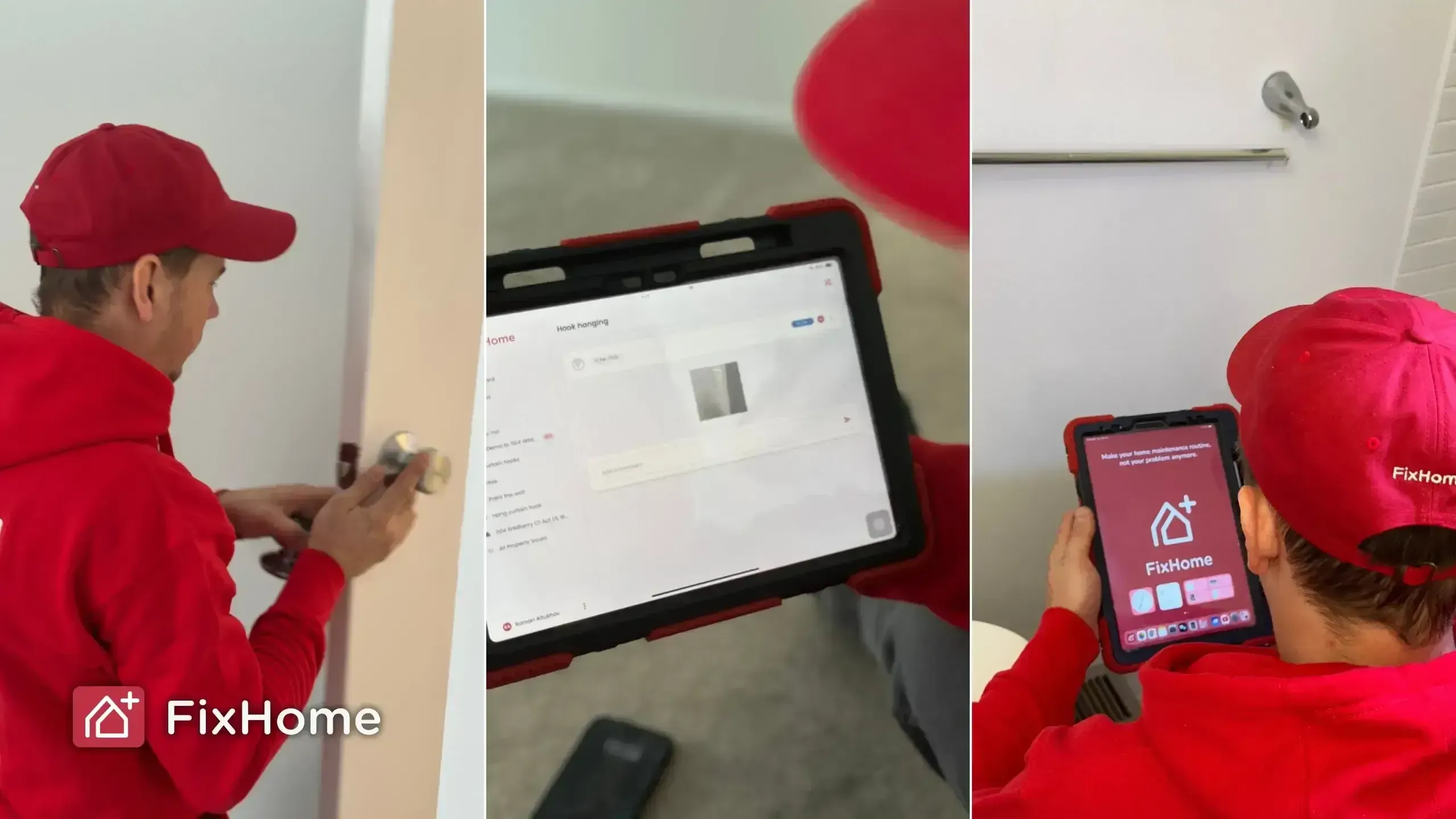 FixHome+ handyman adjusting a door handle while holding a tablet with the FixHome+ app