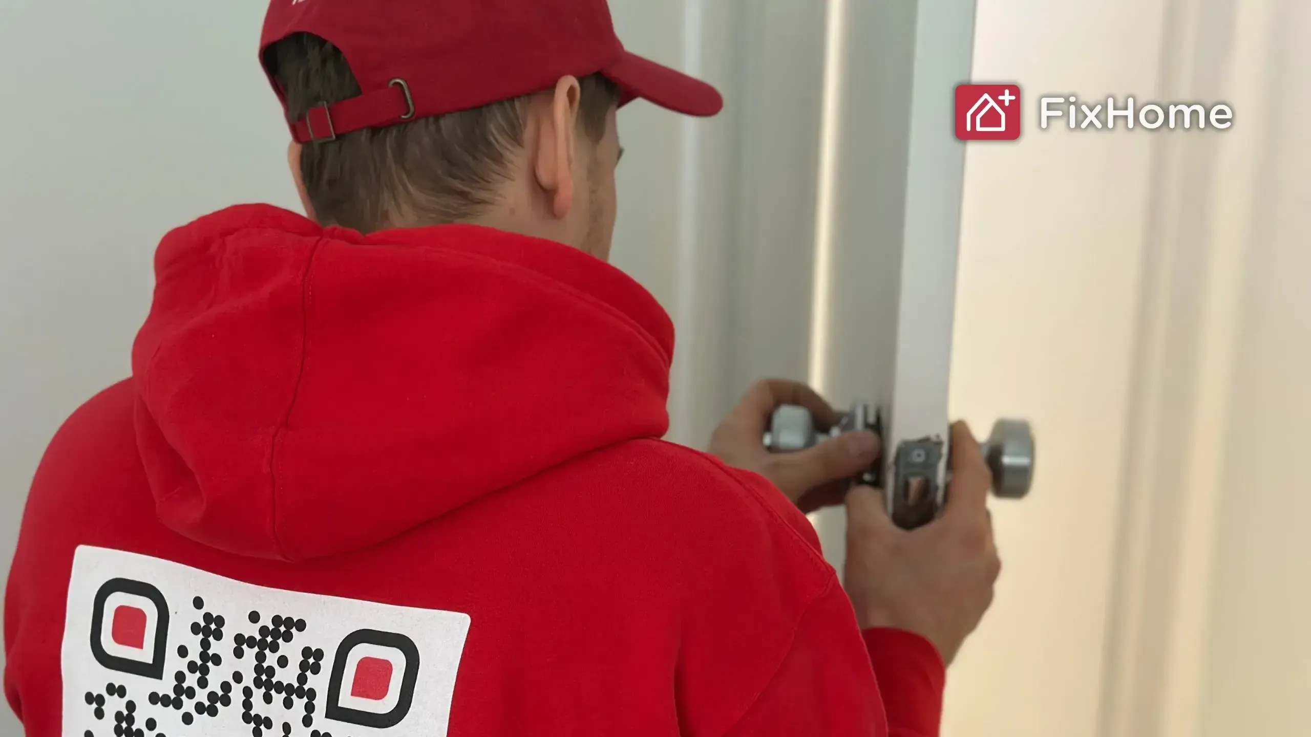 A handyman in a red hoodie working on a door lock