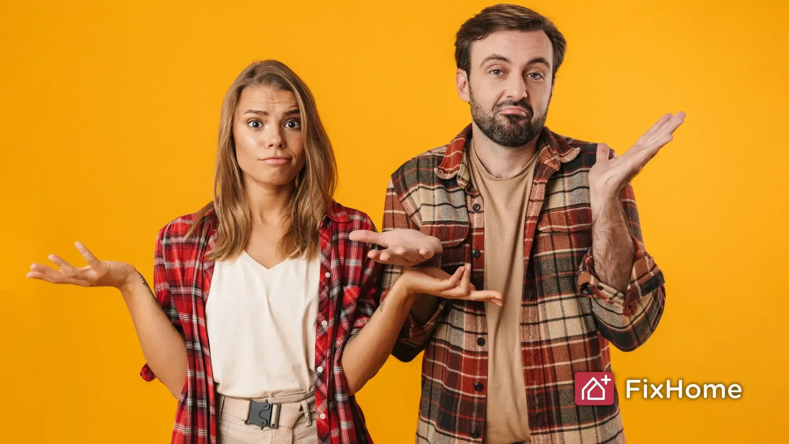 Two people in plaid shirts gesturing confusion against an orange background