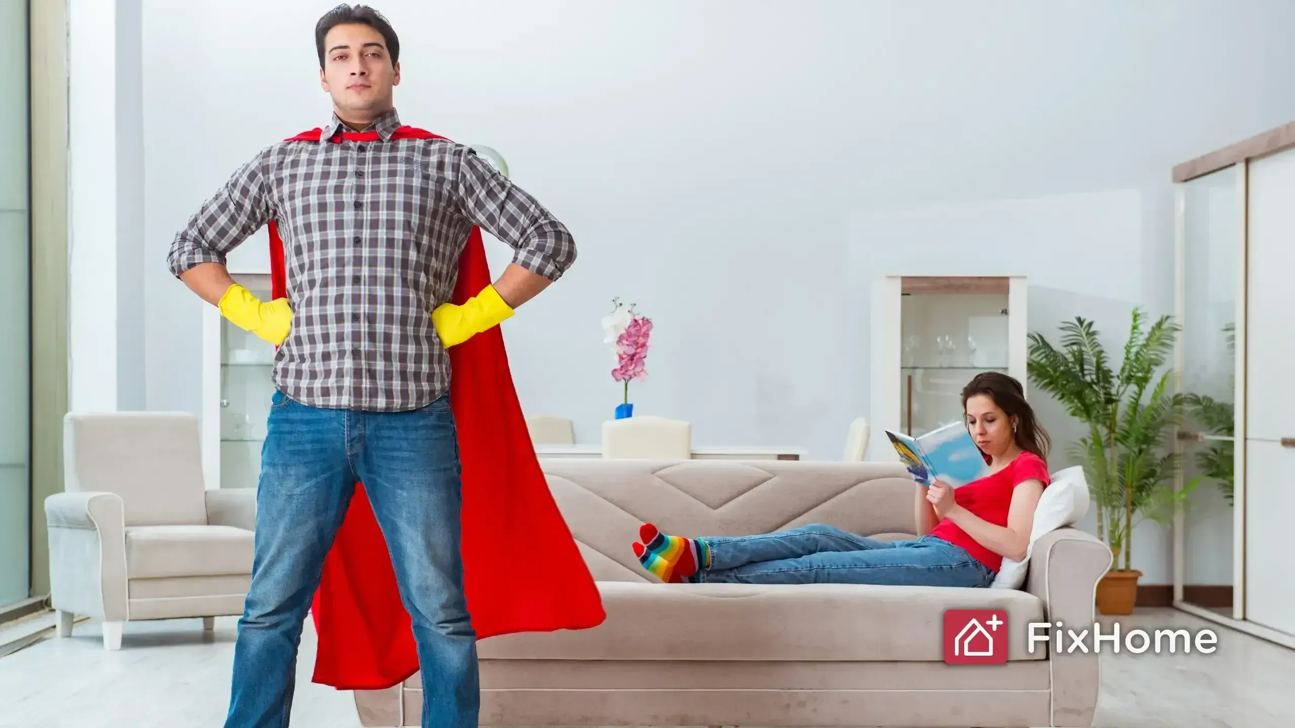 Man in a superhero pose with a cape, standing near a woman relaxing on a sofa.
