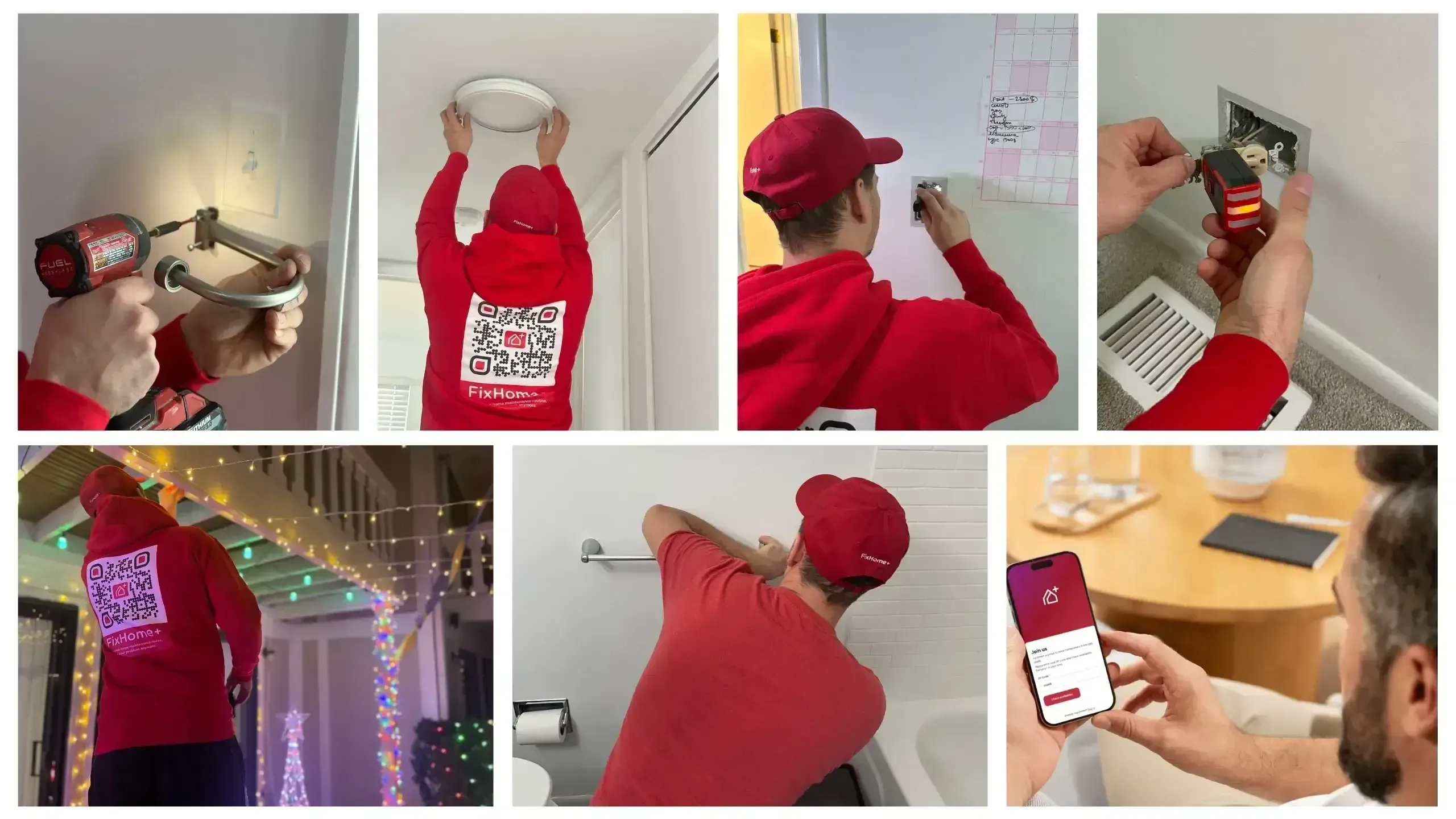 Collage of home maintenance tasks, including light fixture installation and FixHome+ app interface on a smartphone.