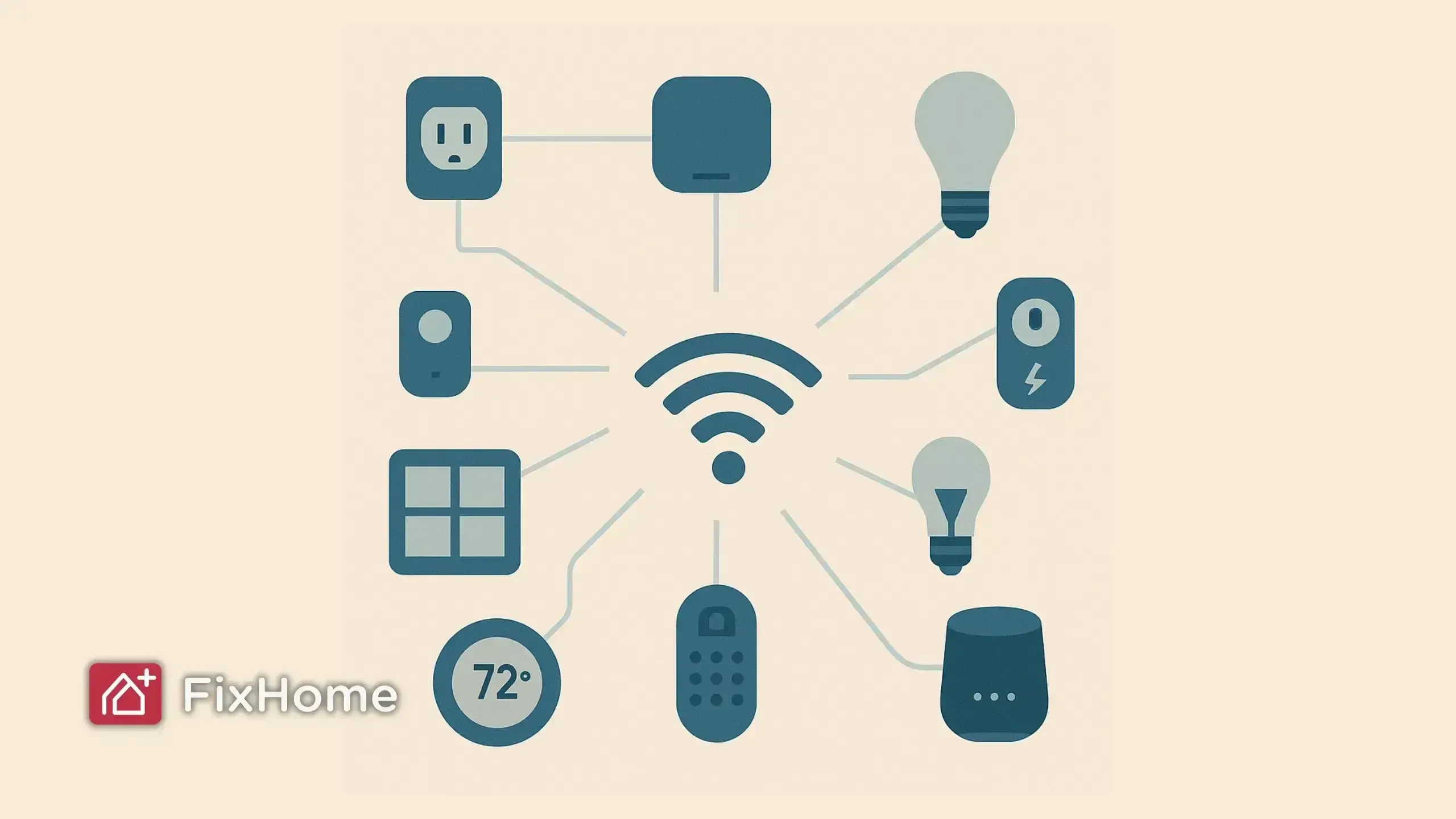 Central Wi-Fi symbol connecting to various smart home device icons, including thermostat, smart lock, and light bulb