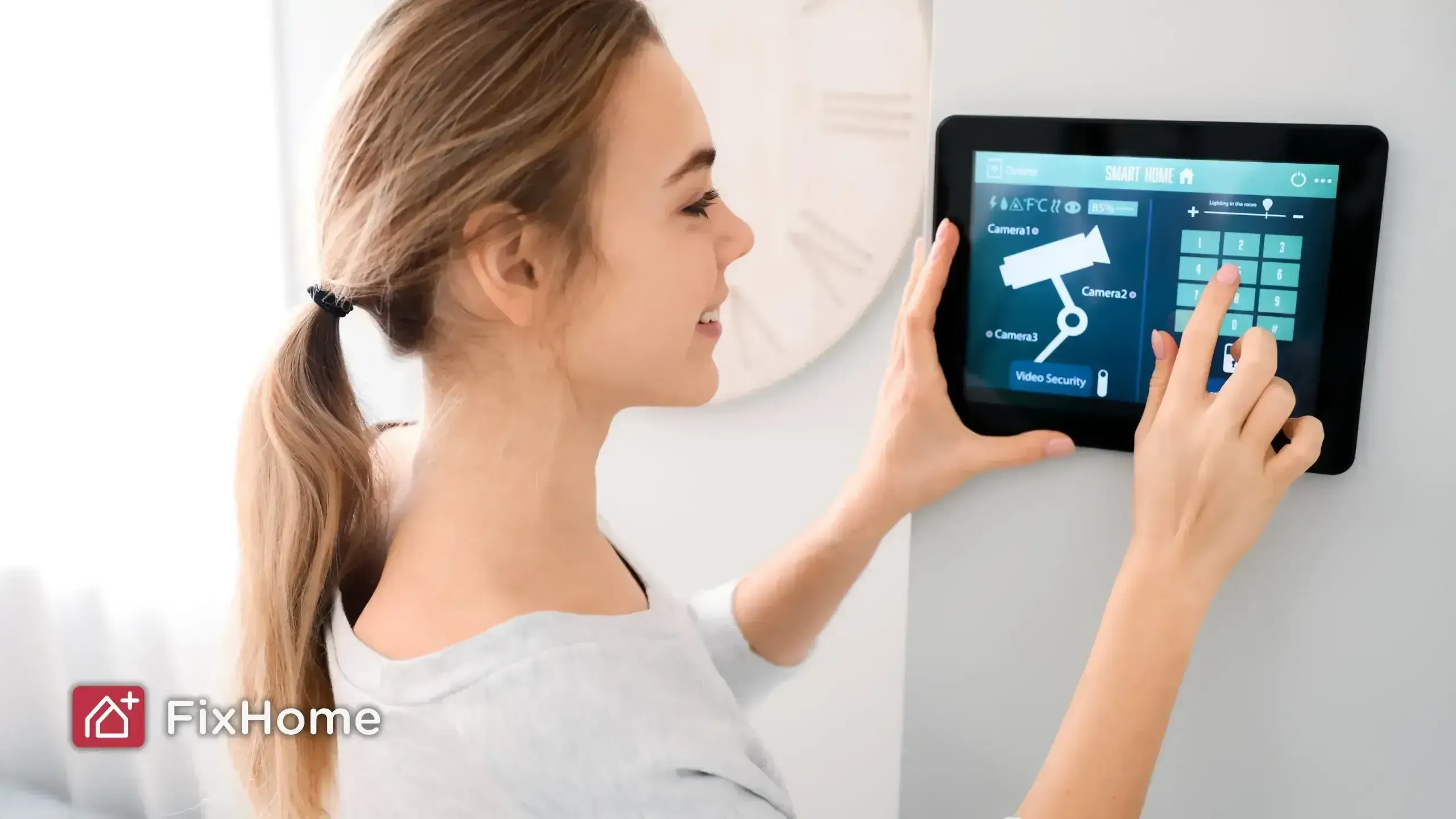 Woman interacting with a wall-mounted smart home control tablet, showing security cameras and lighting controls