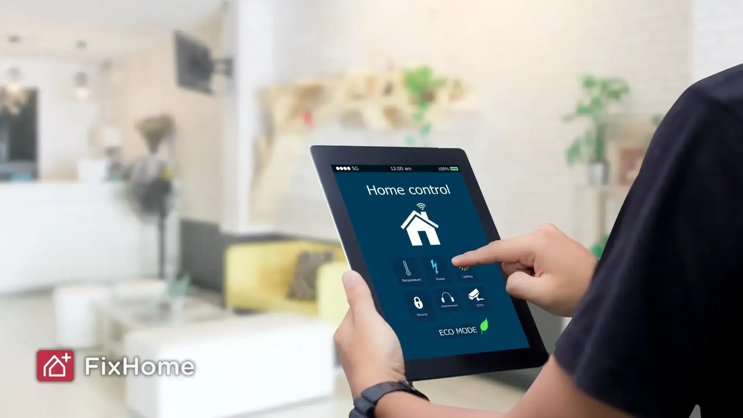 Tablet displaying a smart home control interface with options for temperature, lighting, security, and entertainment