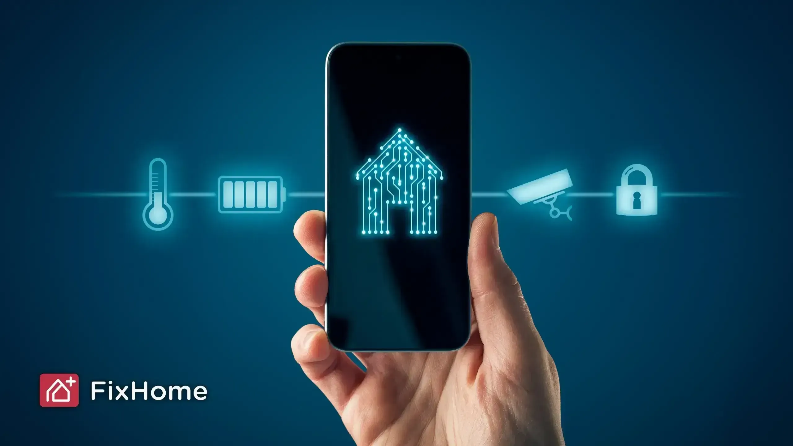 Hand holding a smartphone with a digital house icon on the screen, surrounded by icons for temperature, energy, security cameras, and locks