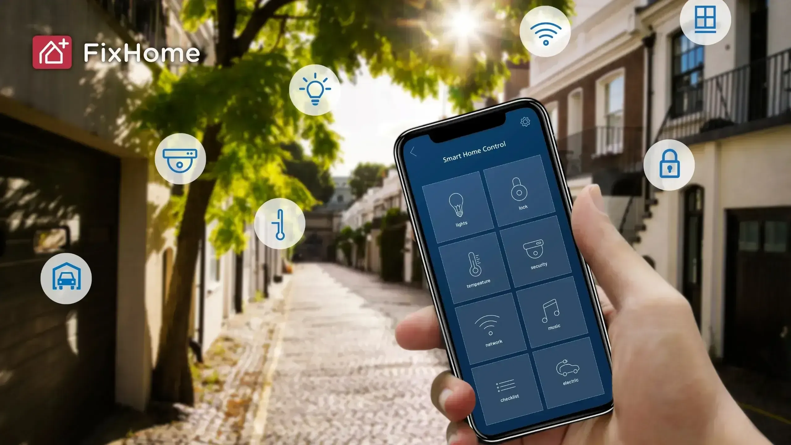 Hand holding a smartphone displaying a smart home control app, surrounded by floating icons for lighting, locks, temperature, and security