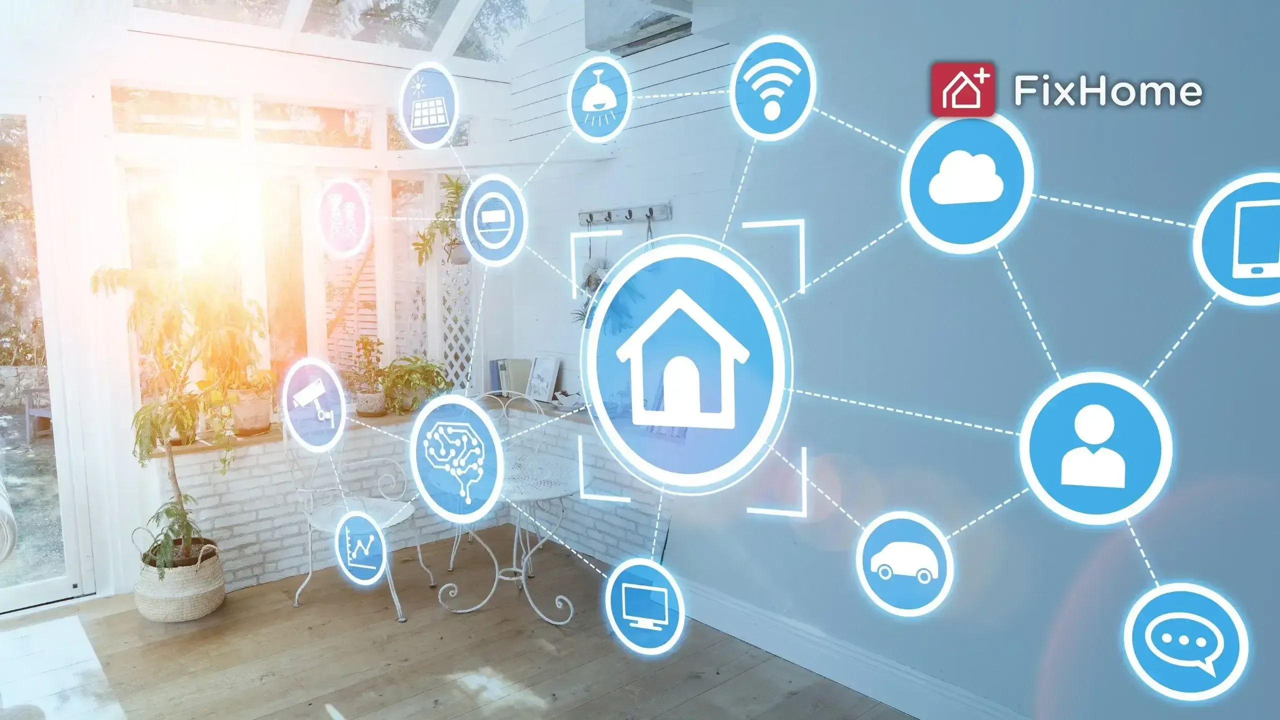 Central house icon surrounded by interconnected circular icons representing smart home technologies like lighting, security, and energy