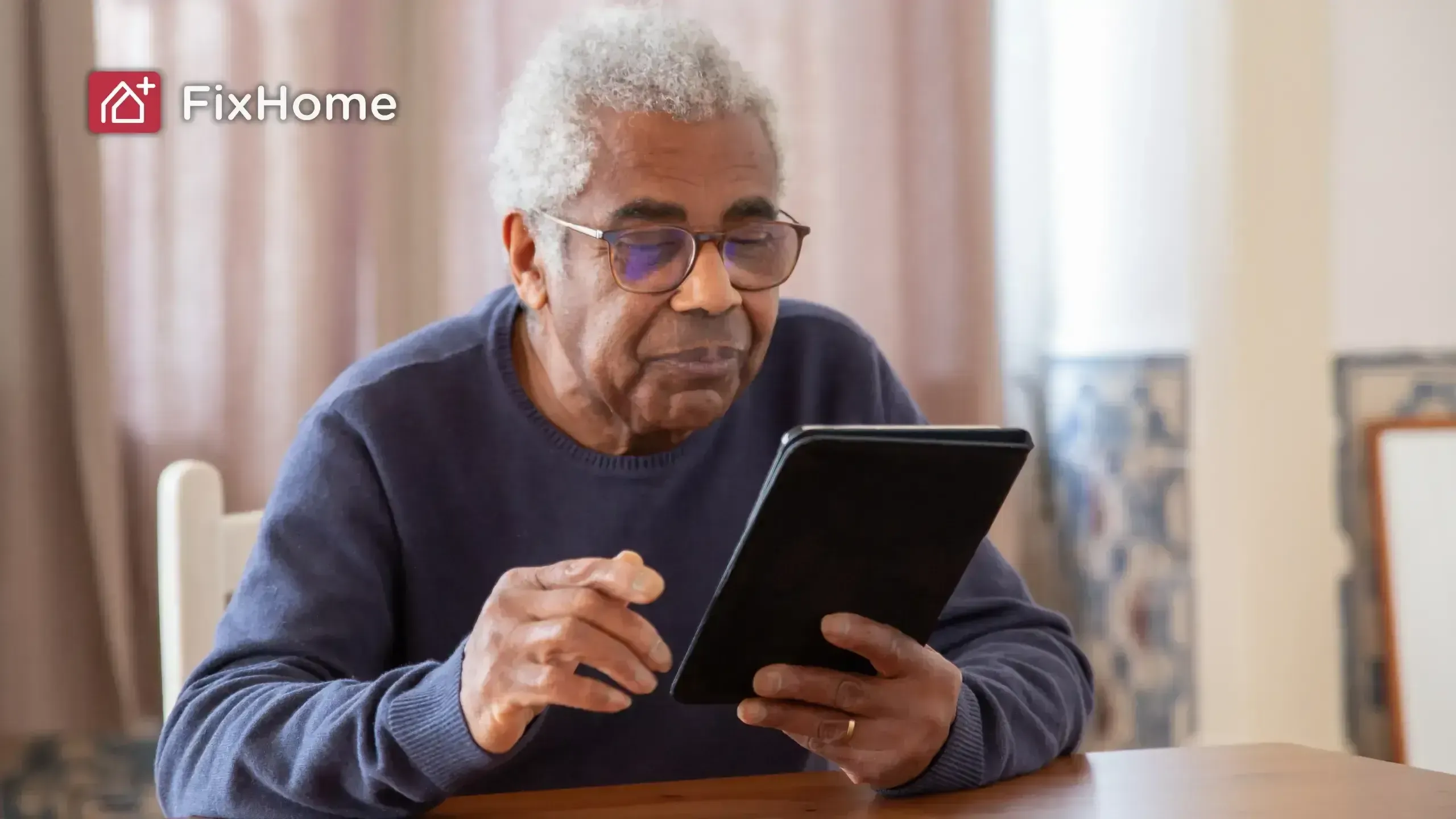 A senior man with gray hair is using a tablet while sitting at a wooden table