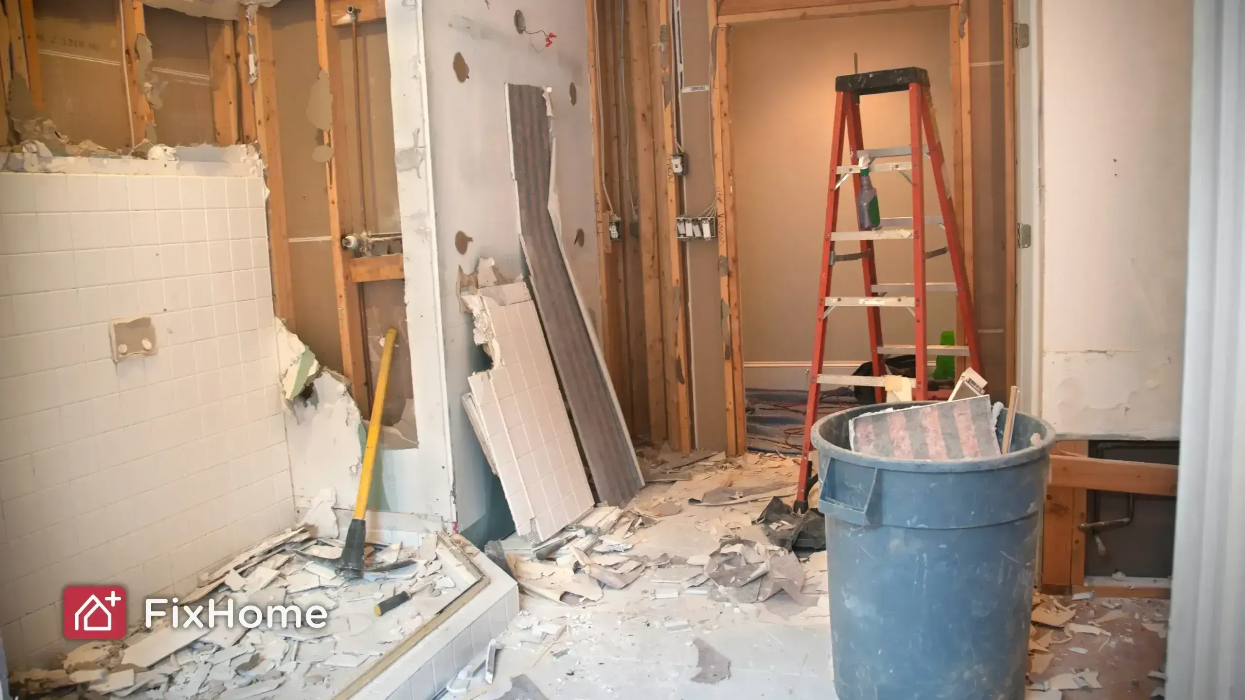 A bathroom under renovation with exposed studs, broken tiles, and a red ladder