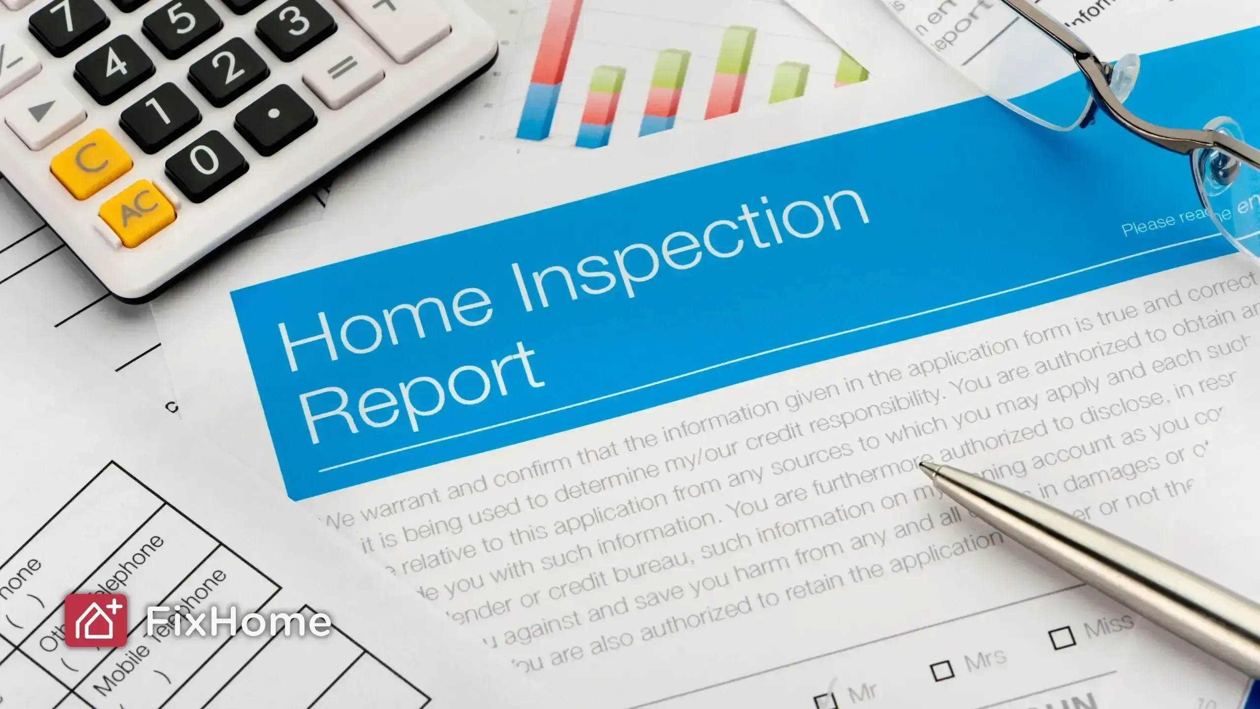 A home inspection report with graphs, a calculator, and a pen on a desk.