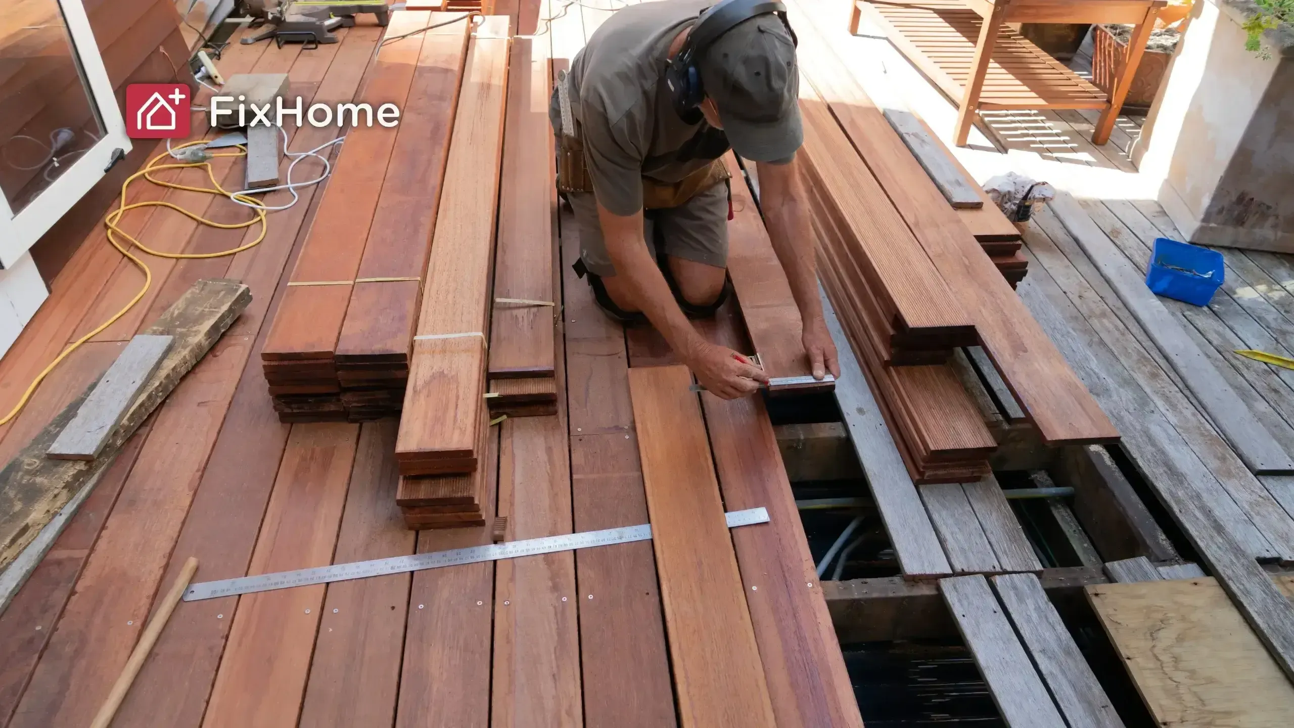 A man kneels on wooden deck measuring a board with a tape measure, surrounded by stacked hardwood